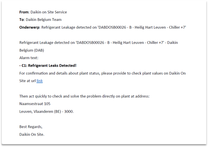 Pilt 4. Daikini on Site’ilt e-posti teel Daikini meeskonnale saadetud veateade